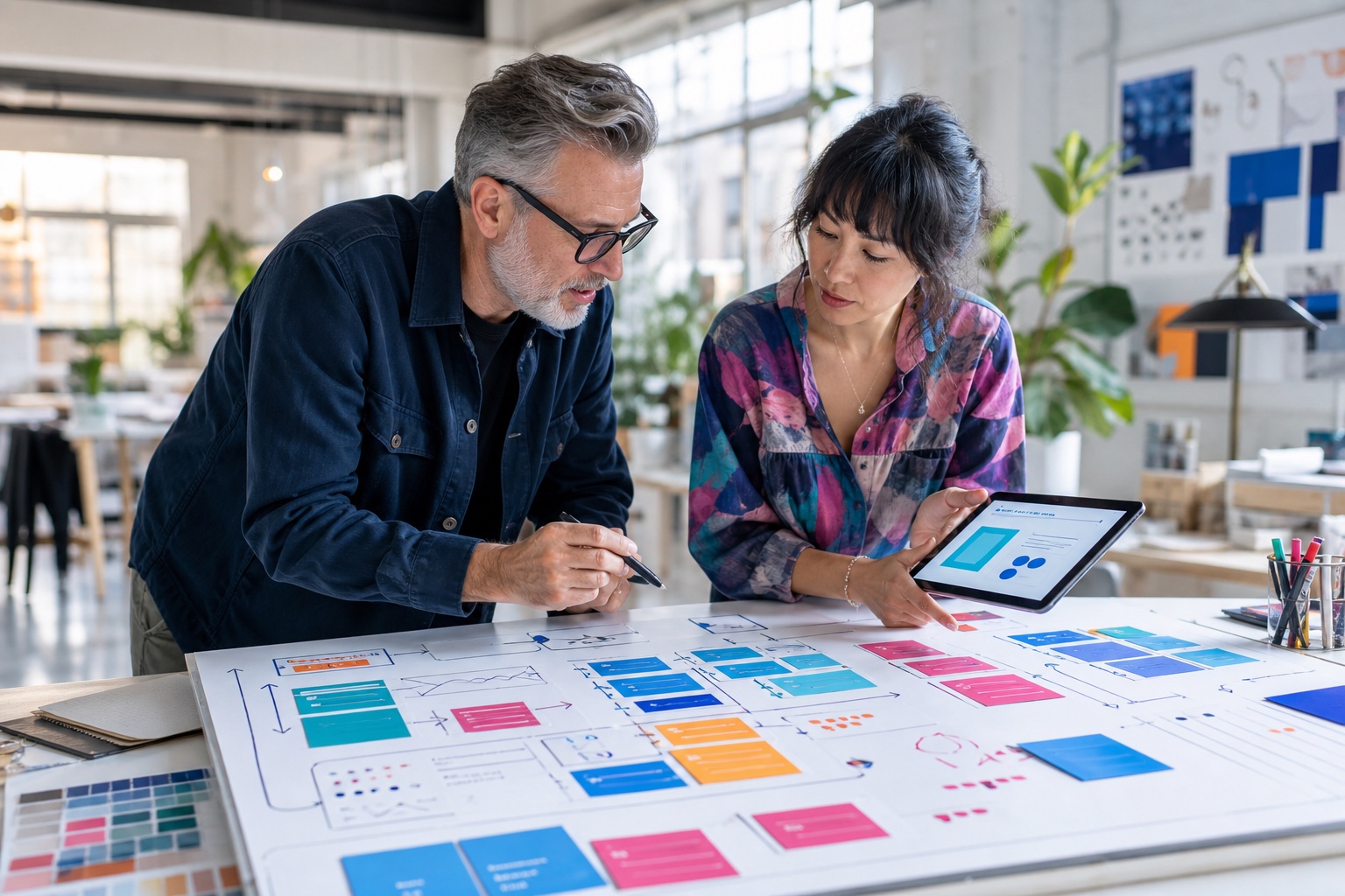 Founder and product strategist mapping a colorful AI product MVP workflow in a bright studio