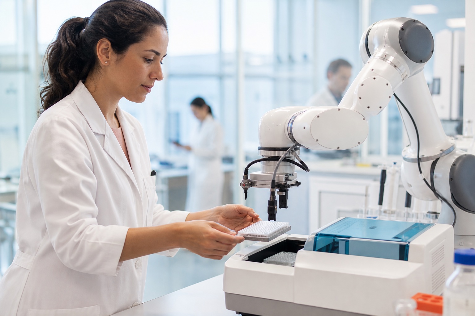 Robotic arm coordinating a microplate between laboratory instruments in a modern automated research lab