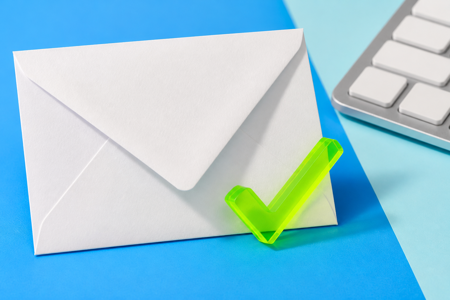 Editorial photograph of a white envelope and lime verification check beside a keyboard against a vivid blue background