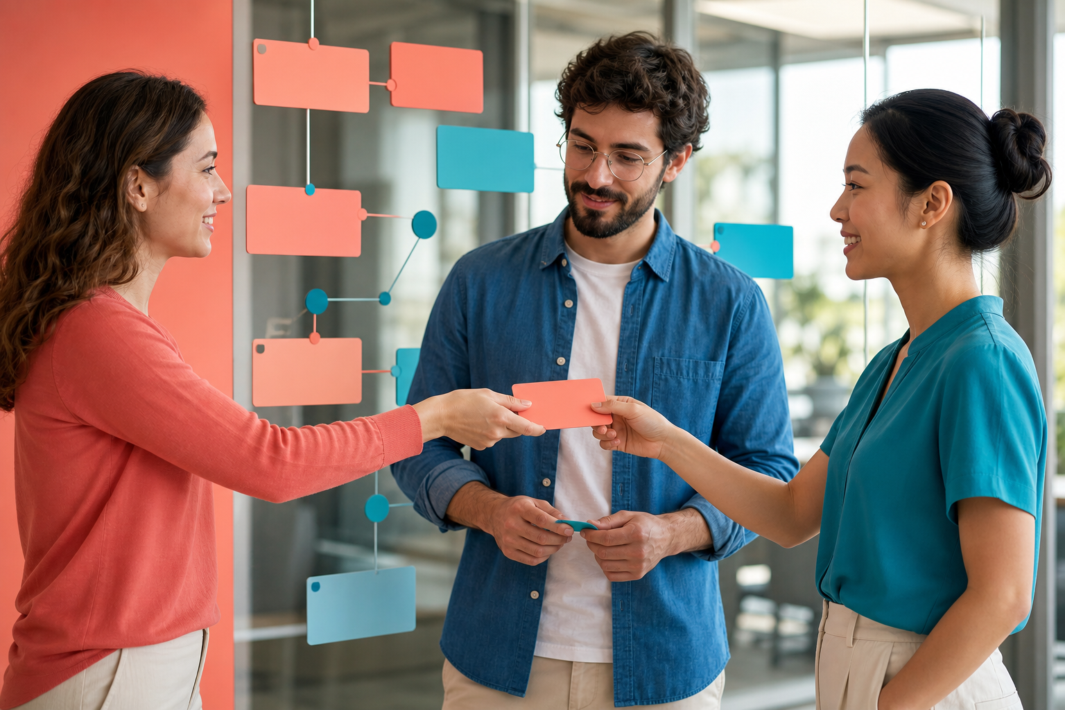 Editorial photograph of collaborators handing over colorful task cards at a bright planning wall