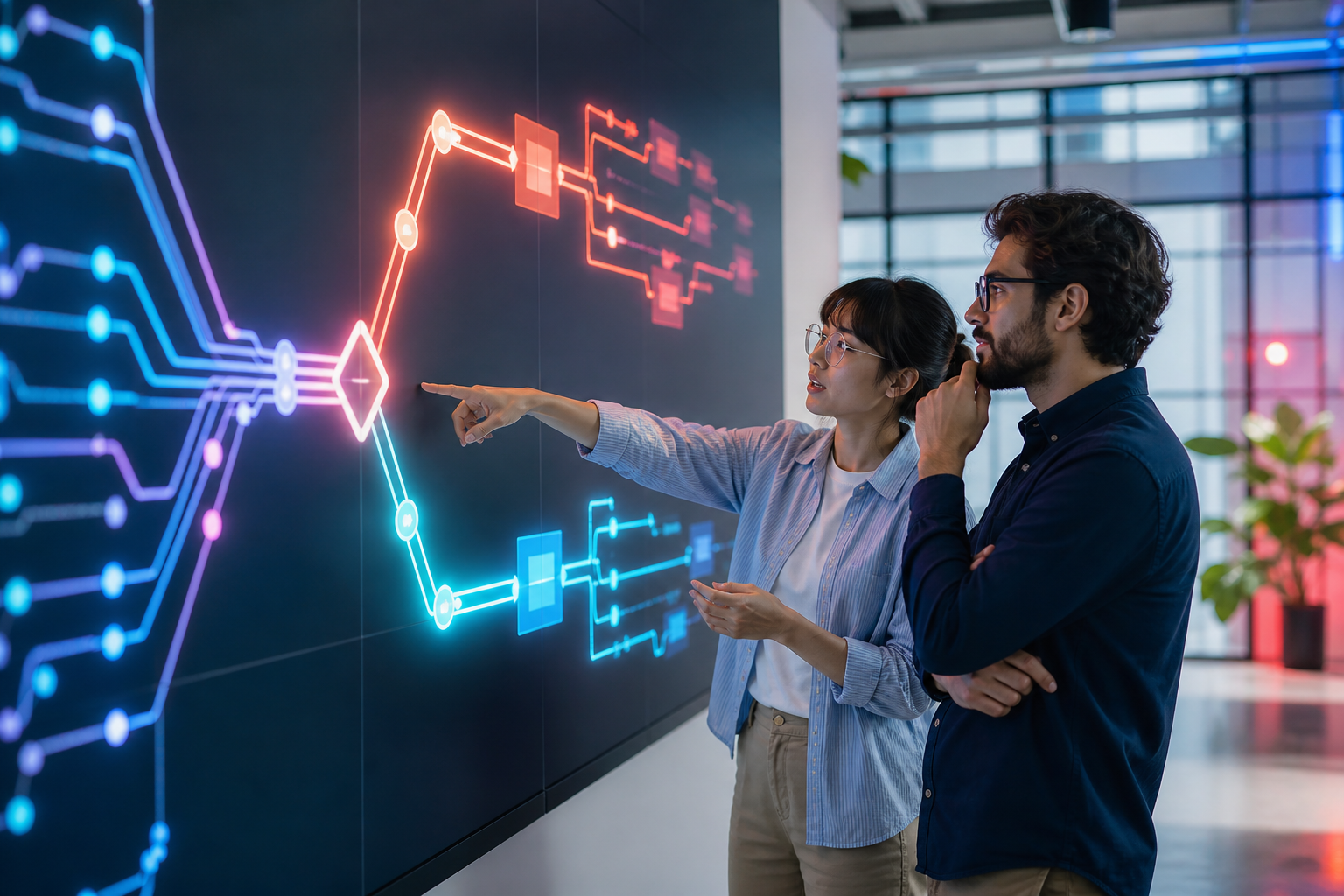 Two software engineers reviewing a vivid workflow that branches into separate AI model routes