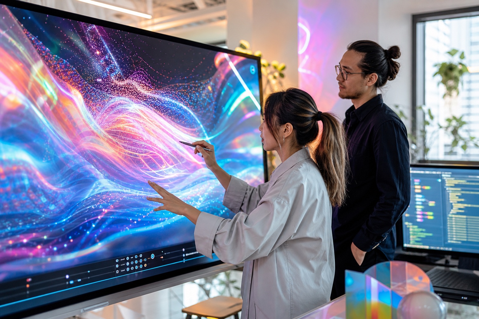 Product designers shaping vivid interactive shader waves on a large display in a bright technology studio
