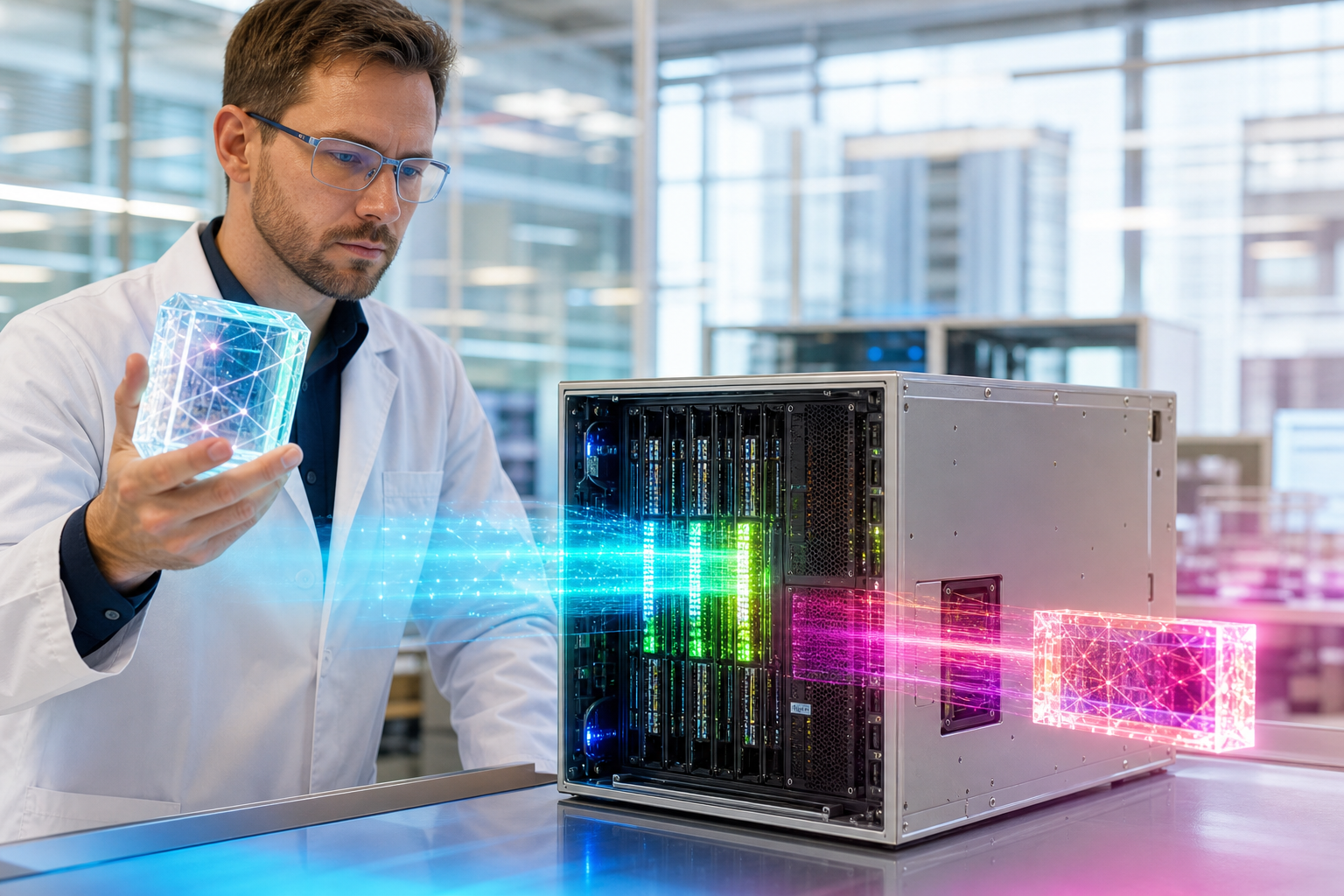 Security researcher processing luminous encrypted data through a bright high-performance server