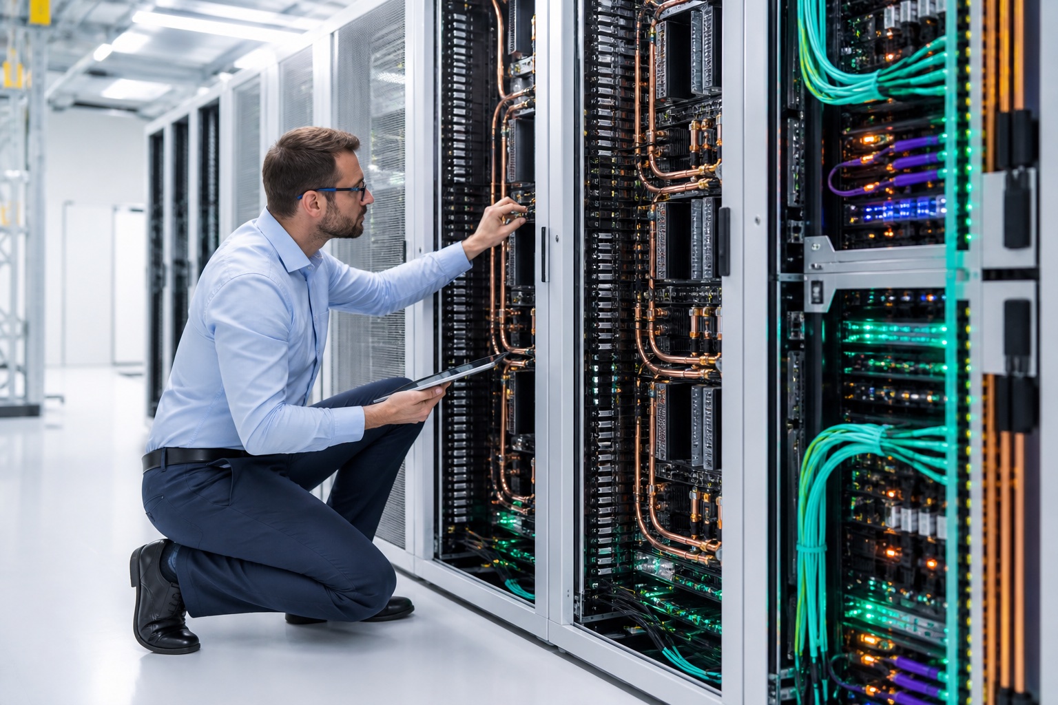 Bright modern AI data center with colorful optical networking and copper-cooled compute racks