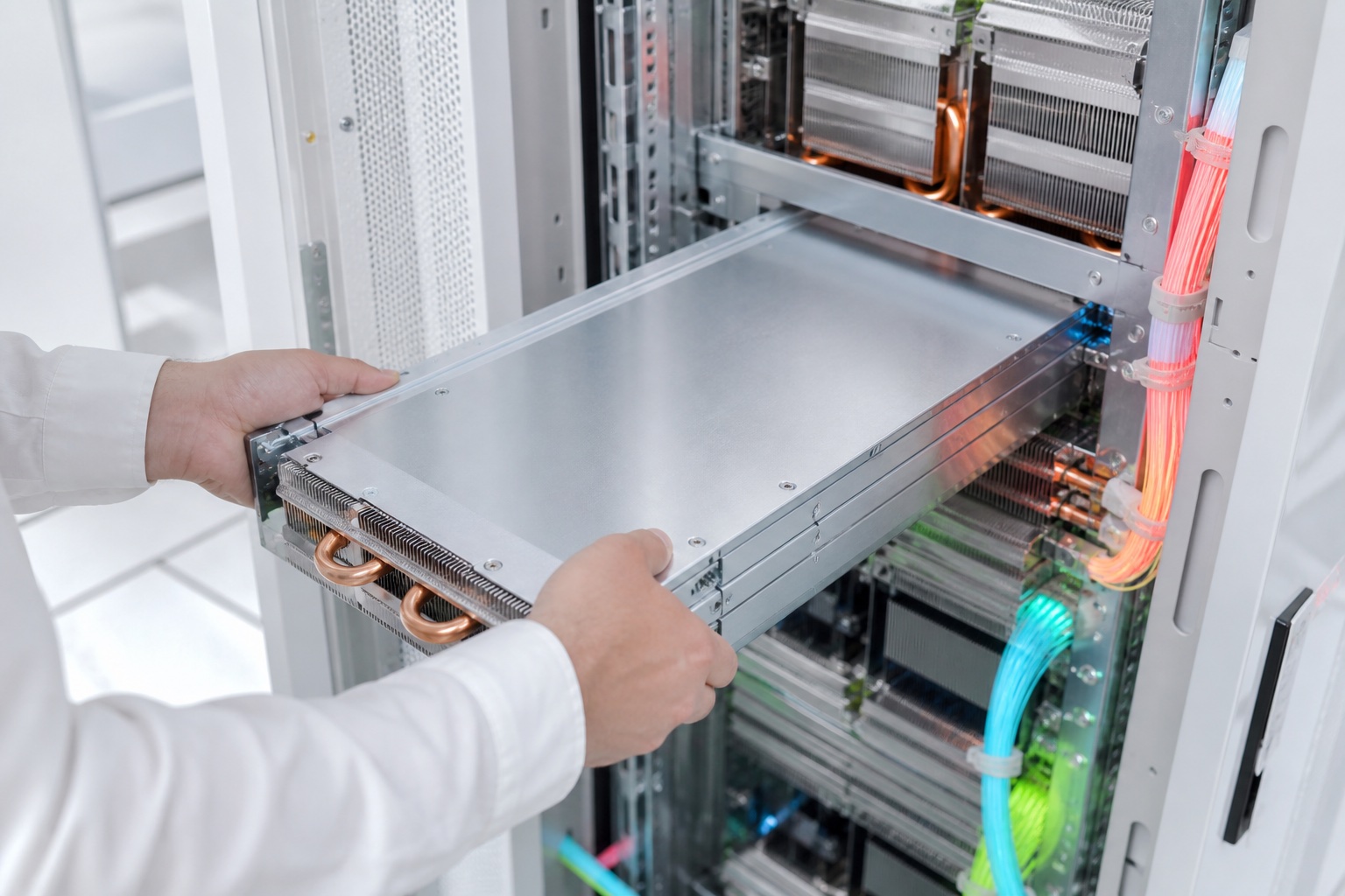 Unbranded AI inference accelerator installed in a high-performance server with copper traces and optical networking