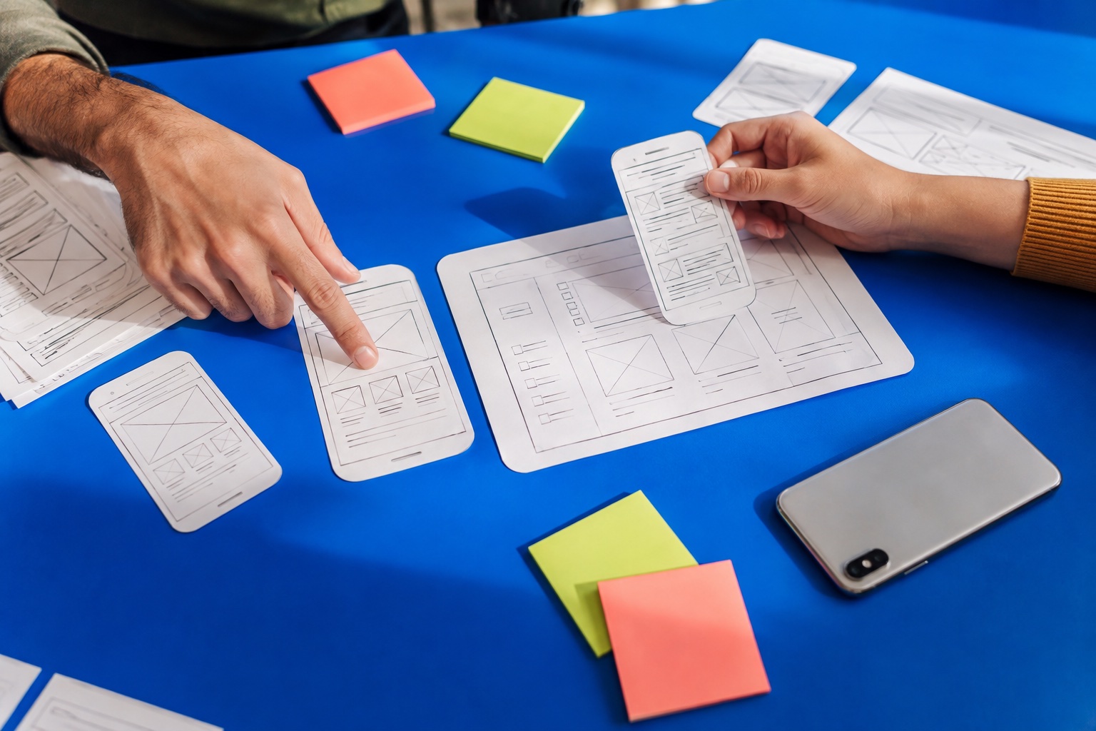 Hands comparing phone and tablet paper prototypes with colorful planning notes on a blue table