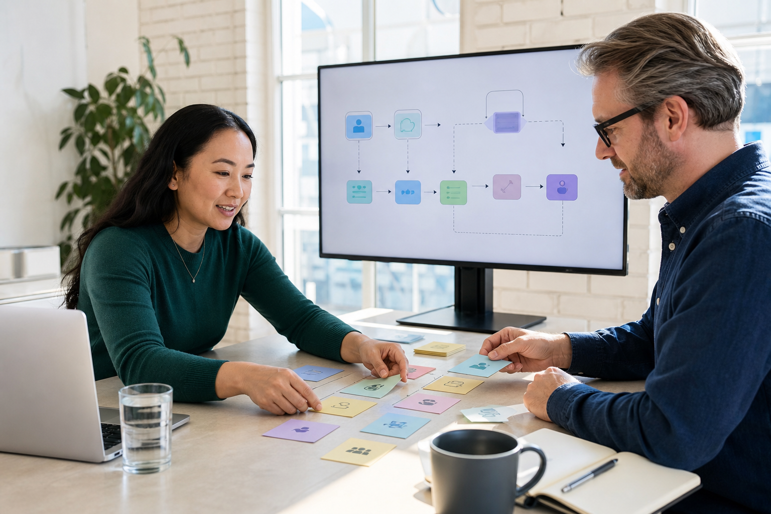 Product specialists reviewing a workflow together in a bright studio
